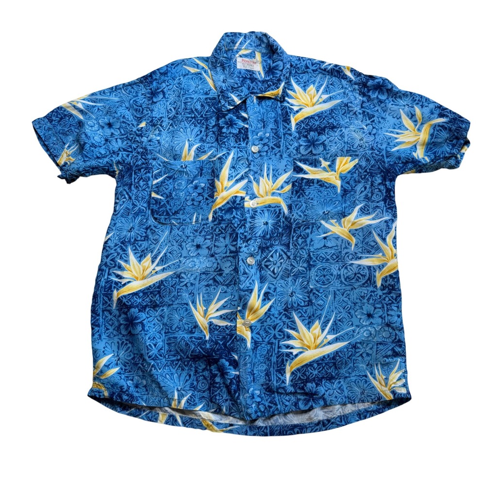 PENNEY'S Vintage Hawaiian Shirt Blue Bird of Paradise Floral Men's Medium Japan